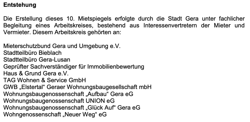 Auszug aus dem Mietspiegel Gera: Die Entstehung und Mitglieder des Arbeitskreises.