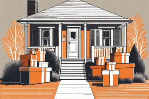 Zeichnung eines Hauses in Grau und Orange. Haus als Geschenk, weil es zum Verkauf steht.